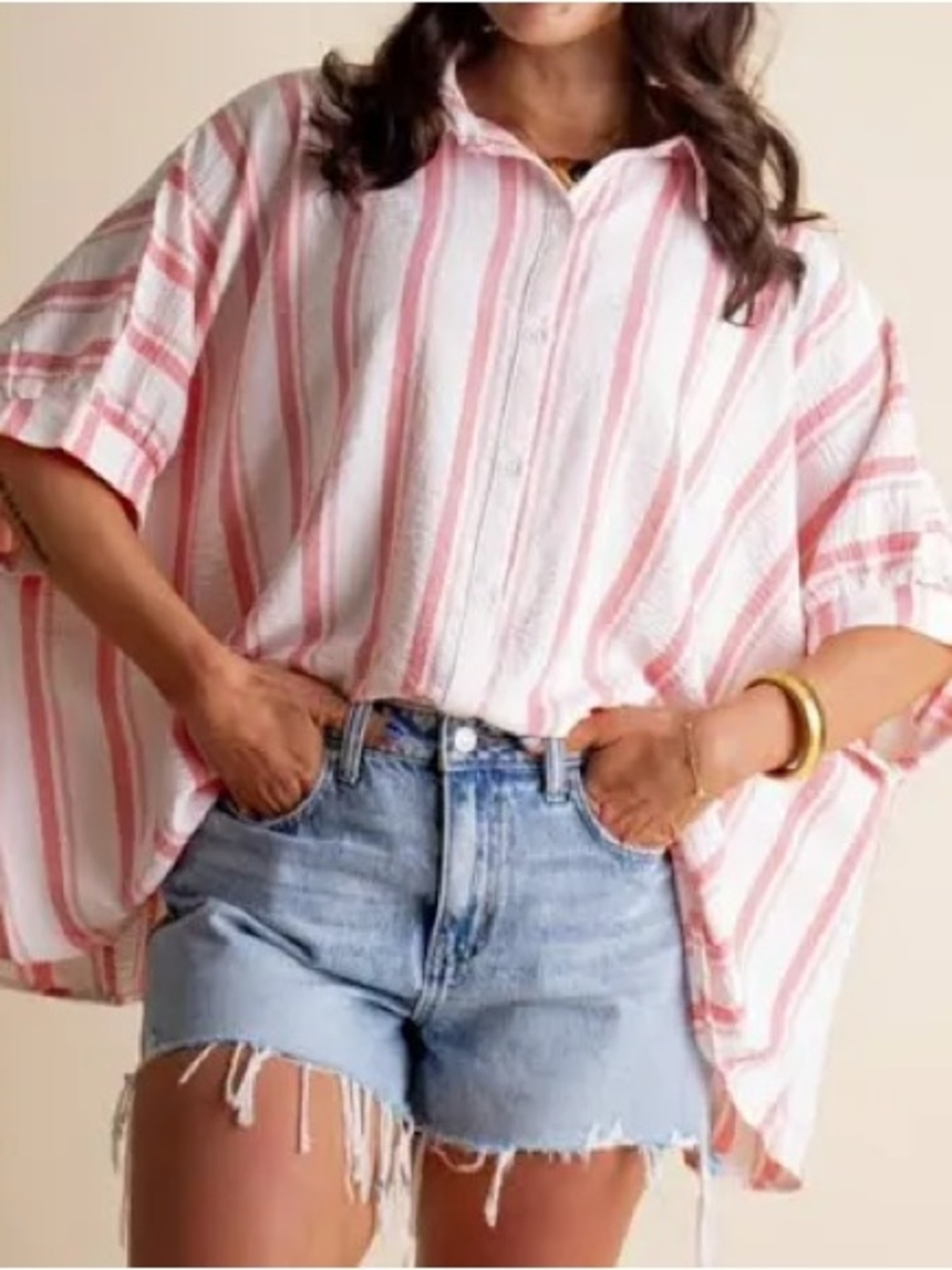 🦩 Zenana Woven Yarn-Dyed Pink and White Striped Button-Up Oversized Top